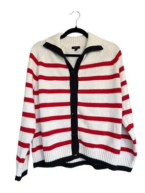Talbots Petite XL Red White Stripe Cardigan Nautical Cotton Button Front Sweater